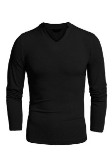 ASTAR COOFANDY Men Long Sleeve V-Neck Pure Color Cotton Stretch Loose Casual Basic Tops T-shirt (Black)  