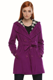 Astar Double Breasted Hooded Fleece Belted Long Jacket Outwear Tweed Coat (Purple) - intl  