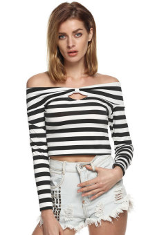 ASTAR FINEJO Women Casual Boat Neck Off-shoulder Long Sleeve Striped Crop Tops ( Black + White ) - Intl - intl  