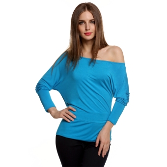 Astar Meaneor Korean Stylish Ladies Women Casual Long Batwing Sleeve Off Shoulder Solid Loose Shirt Blouse T-Shirt Top ( Blue ) - intl  