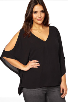 ASTAR V-Neck Plus Size Batwing Sleeve Blouse Chiffon T-Shirt Top (Black) (Intl) - intl  