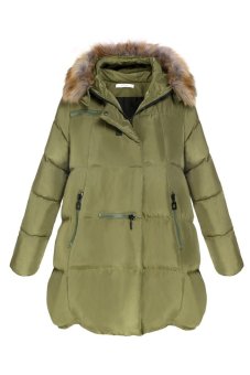 ASTAR Winter Women Coat Fur Collar Hooded Cotton Long Sleeve Jacket Coat Parka Outwear ( Amy Green )  