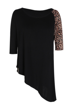 Astar Women Casual Half Sleeve Irregular Leopard Patchwork T Shirt Tops (Black)  