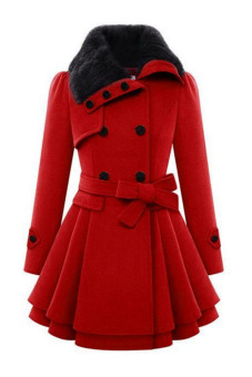 ASTAR Women Casual Long Sleeve Faux Fur Lapel Double-Breasted Thick Wool Coat (Red)  