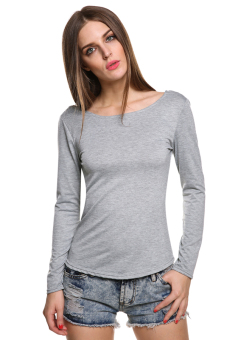 ASTAR Women Long Sleeve Leopard Backless Lace Decor Casual T-Shirt (Grey)ï¼ˆï¼‰  