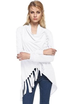 ASTAR ZEAGOO Fashion Lady Women's Folded Collar Long Sleeve Tassels Irregular Tops Long T-shirt (White)  