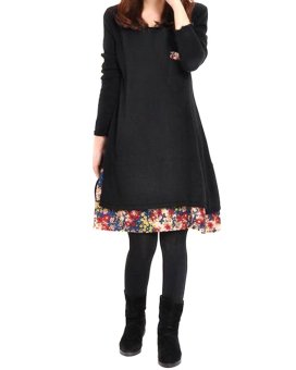 Autoleader Fashion Floral Women Loose Casual Round Neck Long Sleeve Cotton Dress Black  