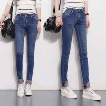 Autumn and Winter Show Thin Pencil Pants Han Edition Cultivate One's Morality and Feet Stretch Jeans Casual Pants Trousers (dark Blue)  