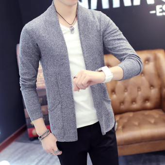 Autumn Fashion Men Knitting Cardigans Korean Male Casual Wild Solid Color Sweater Coats (Grey) - intl  