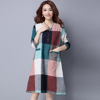 Autumn Loose Women Plaid Long Sleeved Round Neck Dress Red/Gray - intl  