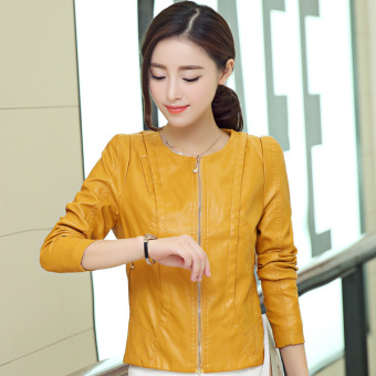 Autumn new female short zipper leather jacket Slim round neck collar paragraph Stylish Casual Lady Girl Long Sleeve locomotive leather Outerwear Coat-Yellow - intl  