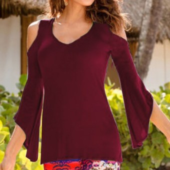 Autumn Shirts Women Blouses Sexy Off Shoulder V-Neck Flare Long Sleeve Casual Solid Blusas Tops Plus Size S-5XL Wine Red - intl  