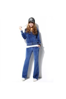 Autumn Winter Soft Velvet Long Sleeve Zippered Women's Casual Sport Hoodie Coat & Sweatpants Set - Size M Dark Blue - Intl  