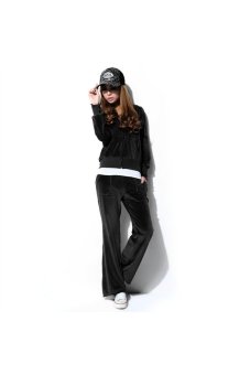 Autumn Winter Soft Velvet Long Sleeve Zippered Women's Casual Sport Hoodie Coat & Sweatpants Set - Size L Black  