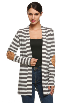 Azone ANGVNS Women Ladies Front Open Long Sleeve Striped Loose Casual Outwear Cotton Coat ( Grey )   