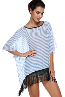 Azone Fashion Women's 3/4 Sleeve O-neck Stripe Chiffon Long Loose Tassel Blouse Shirt Top     