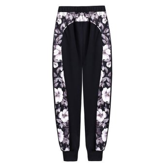 Azone Finejo Women Fashion Casual Elastic High Waist Floral Print Patchwork Cuffed Joggers Pants (Black)  