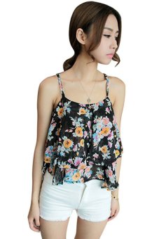 Azone Flower Print Strap Chiffon Tank Tops (Black)     