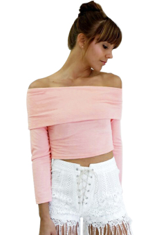 Azone Ladies Women Casual Tops Slash Neck Off-shoulder Long Sleeve Slim Crop Tops ( Pink )     