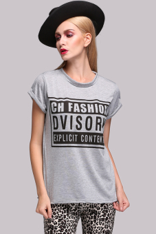 AZONE Letter Print Women Short Sleeve All-match T-shirt Tops (Grey)  