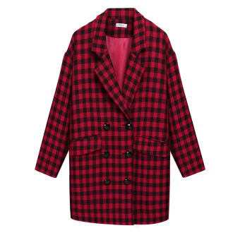 Azone Meaneor Stylish Women Long Coat Double Breasted Long Sleeve Pockets Plaid Outwear Top Overcoat (Red)  