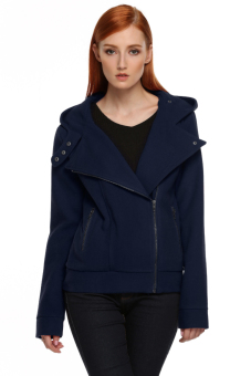 Azone Meaneor Women Fashion Hooded Zipper Wool Blend Warm Casual Solid Coat (Navy Blue)   