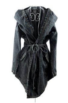 Azone Outerwear Hooded Long Jeans Denim Trench Coat Jacket (Black)  