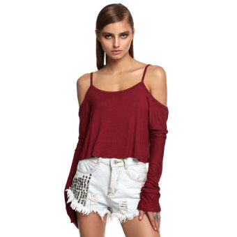 Azone Stylish Finejo Women Casual Long Sleeve Spaghetti Strap Off Shoulder Tops(Wine Red)   