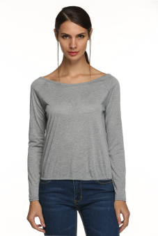 Azone Stylish Women Casual Long Sleeve Round Neck Backless T-Shirt Blouse (Grey)   