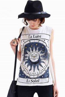 Azone Summer Women O Neck Cool Shirt Sleeveless Printed Loose Blouse Tank Tops (White)   