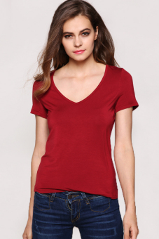 AZONE V-Neck Short Sleeve Women Slim T-Shirt (Dark Red) - intl  