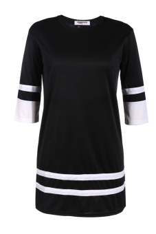 Azone Women Fashion Casual Slim Dress Round Neck 3/4 Sleeve Patchwork Contrast Color Straight Party Dress (Black)   