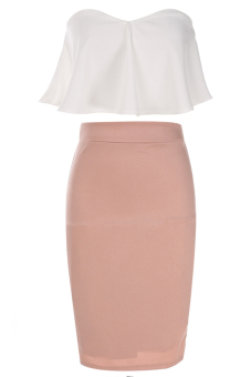 Azone Women Fashion Sexy Elegant Two Pieces Strapless Sleeveless Backless Ruffle Crop Tops and Solid Pencil Skirt Set   
