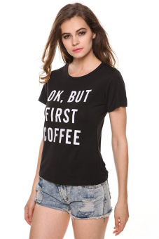 Azone Women Fashion Tops Short Sleeve Letter Print Casual Slim T-Shirts (Black)  