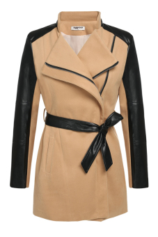 Azone Women Lapel Long Sleeve Synthetic Leather Patchwork Wool Blend Trench Coat Outerwear (Khaki)  