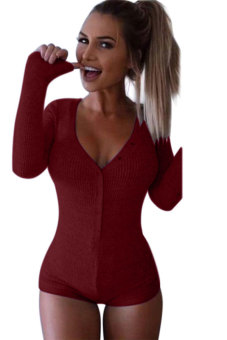 Azone Women V Neck Long Sleeve Bodycon Jumpsuit Bodysuit Slim Short Romper (Red) - intl  