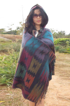 AZONE Women Wool Blend Ethnic Print Blanket Cloak Poncho Cape (Navy Blue)  