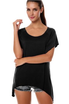 Azone Women's Fashion Casual Irregular Solid T-Shirt Black     