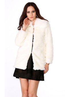 Azone Women's Warm Sheep Skin Faux Fox Fur Mid Long Coat Shawl Parka Overcoat (White)  