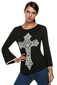 Azone Zeagoo Ladies Women Long Sleeve O-neck Floral Top Blouse ( Black )   