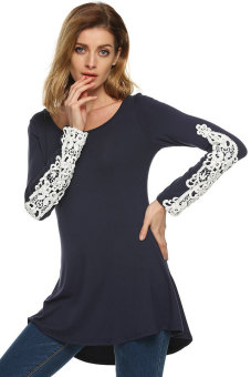 Azone Zeagoo Women Casual O-Neck Lace Patchwork Long Sleeve Slim Stretch Blouse Tops (Navy Blue)   