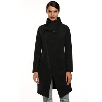 Azone Zeagoo Women Fashion Solid Asymmetrical High Collar Long Sleeve Wool Jacket Coat(Black)   