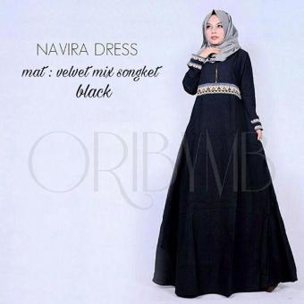 Baju Original Navira Dress Gamis Velvent Mix Songket Gaun Pesta Panjang Baju Hijab Terusan Pengajian Wanita Muslimah Warna Black  