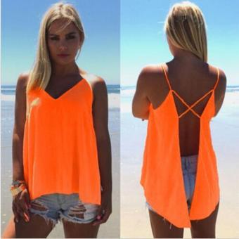 Basic Tank Top Chiffon Blouse Spaghetti Strap Backless Sleeveless Cami Vest Shirt (Fluorescent Orange) - intl  