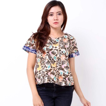 Batik Distro BA7047 Blus Wanita Cap Lengan Pendek - Coklat  