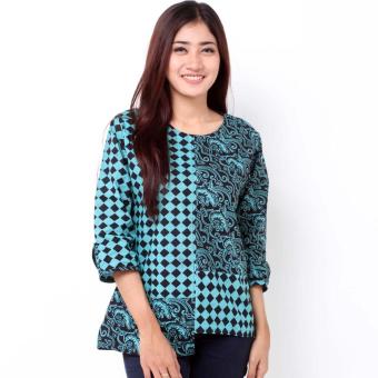 Batik Distro BA7781 Blus Wanita Kombinasi Pola Pendek - Biru  