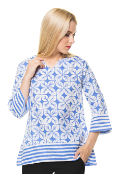 Batik Trusmi - Blus Katun Cap Motif Melati - Biru  