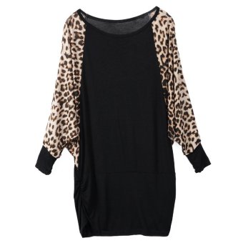 Batwing Sleeves Scoop Neck Leopard Pattern Stitching Plus Size Stylish Women's T-shirt - Intl  