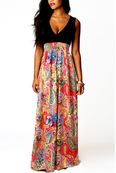 Beach Women High Waist Patchwork Floral Maxi Dress S-XL (Red) - intl  