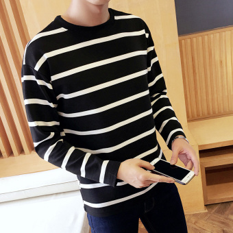 BIG SIZE Men's new Korean fashion slim Long-Sleeved T-shirt with stripes(BLACK) - intl  